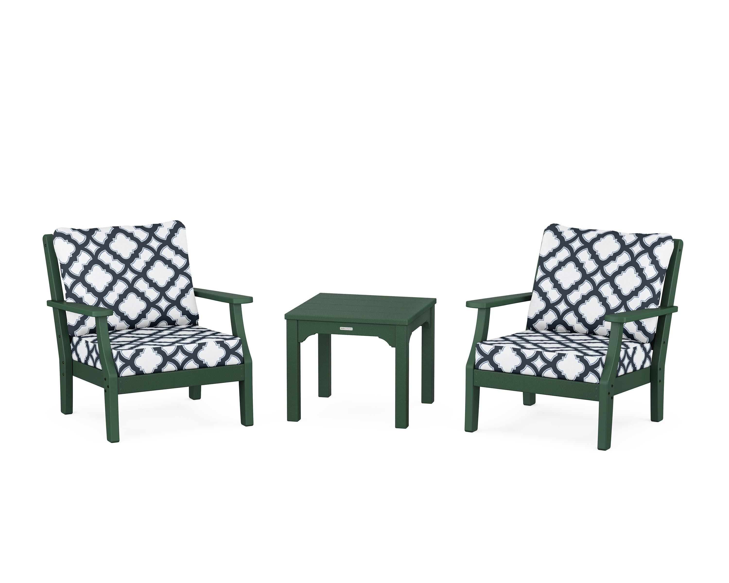 Martha Stewart by POLYWOOD® Chinoiserie 3-Piece Deep Seating Set in Green / Trellis Marine Indigo