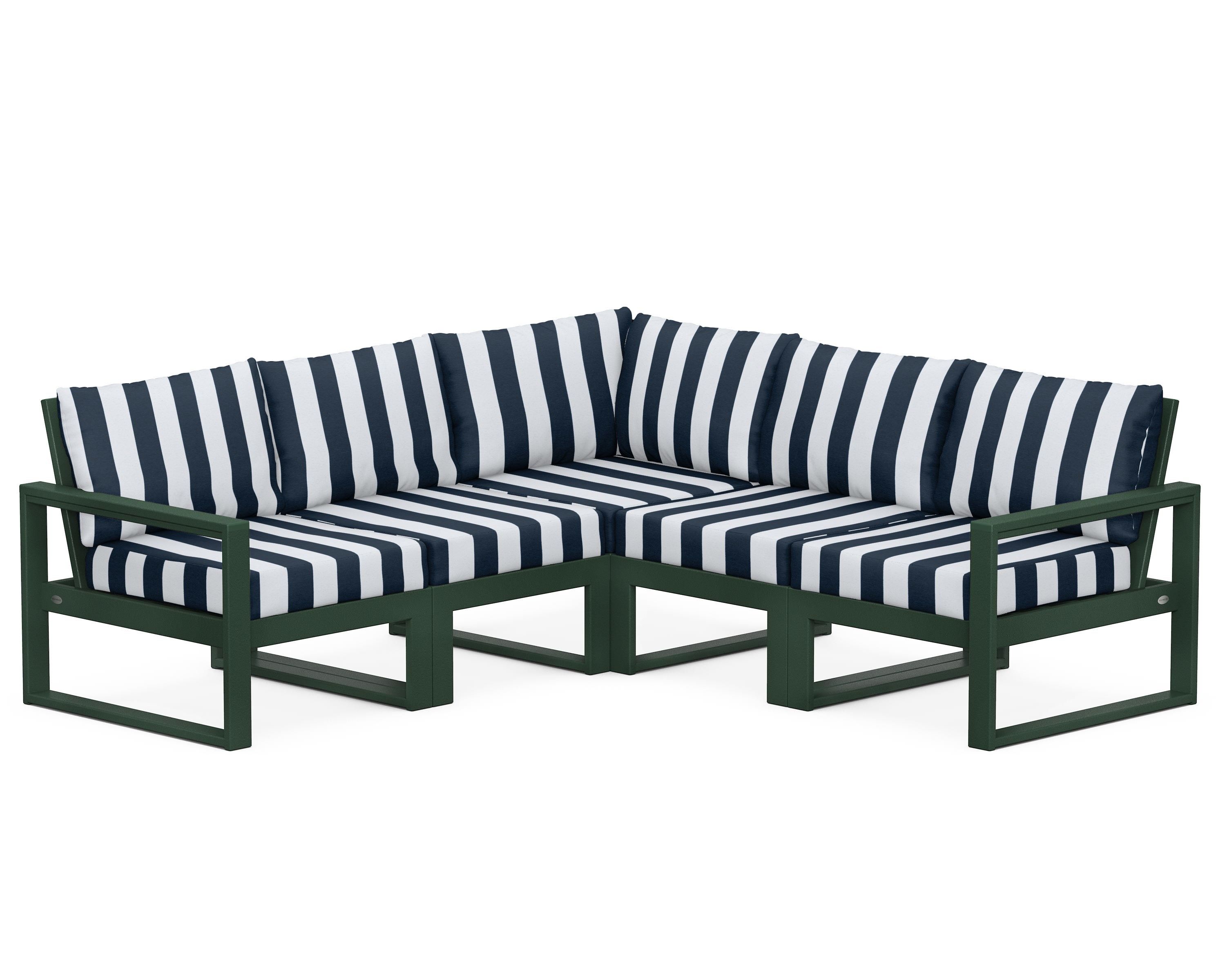 POLYWOOD® EDGE 5-Piece Modular Deep Seating Set in Green / Cabana Stripe Marine Indigo