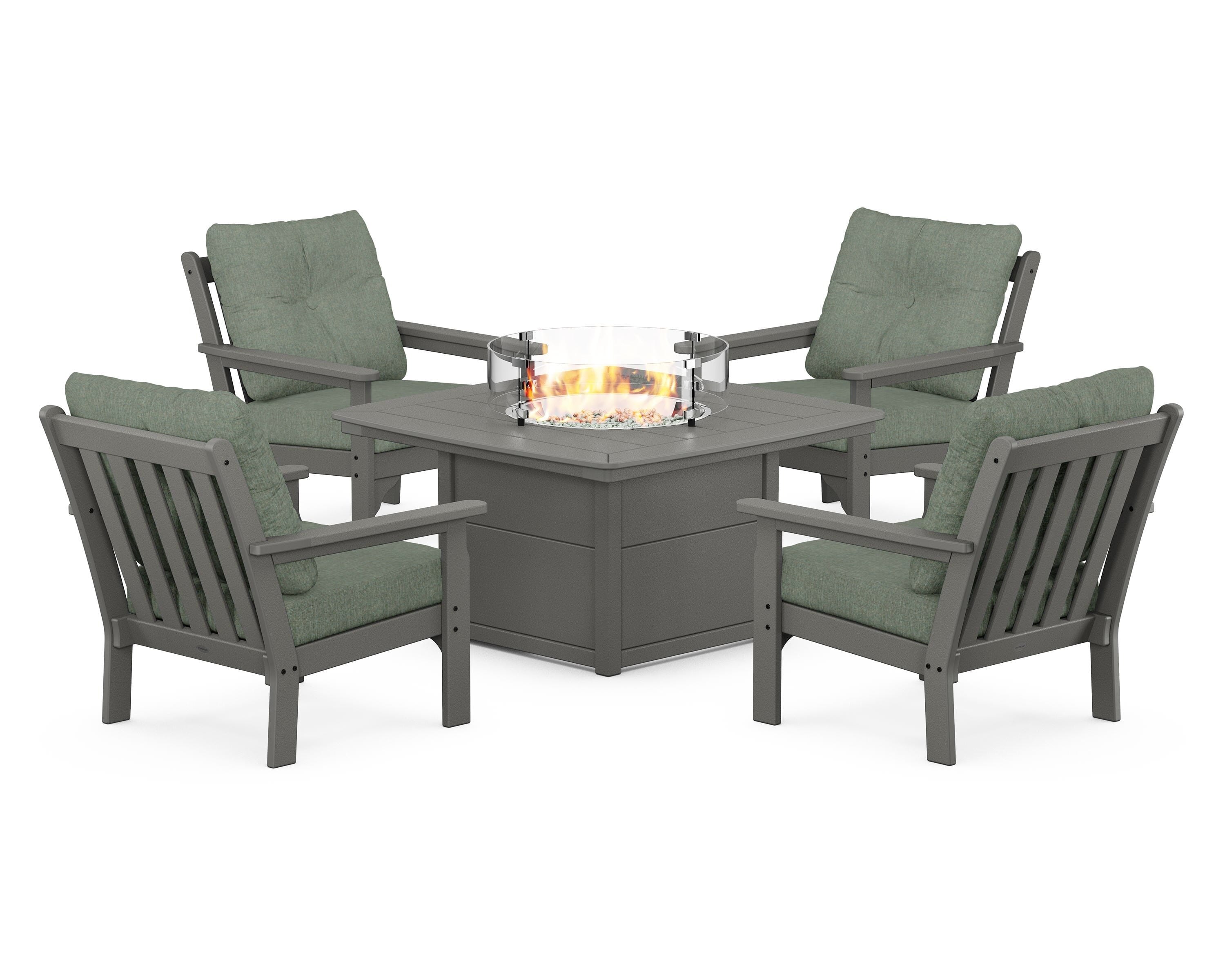 POLYWOOD® Vineyard 5-Piece Conversation Set with Fire Pit Table in Slate Grey / Cast Sage