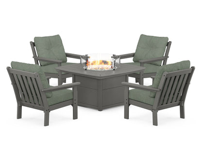 POLYWOOD® Vineyard 5-Piece Conversation Set with Fire Pit Table in Slate Grey / Cast Sage