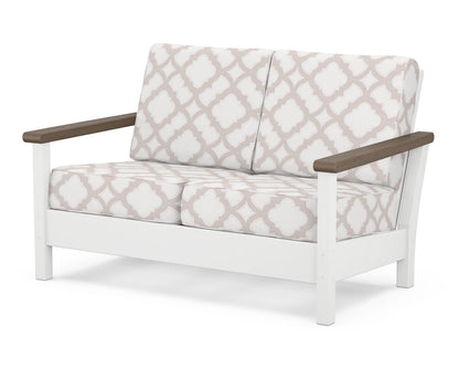 POLYWOOD® Harbour Deep Seating Loveseat in White / Kona / Trellis Dune Burlap