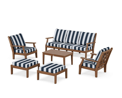 Country Living Wovendale 6-Piece Lounge Sofa Set in Teak / Cabana Stripe Marine Indigo