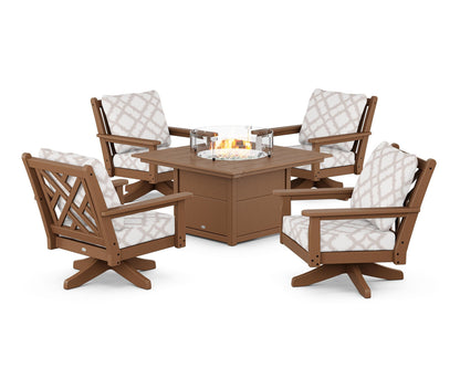 POLYWOOD® Chippendale 5-Piece Deep Seating Swivel Conversation Set with Fire Pit Table in Teak / Trellis Dune Burlap