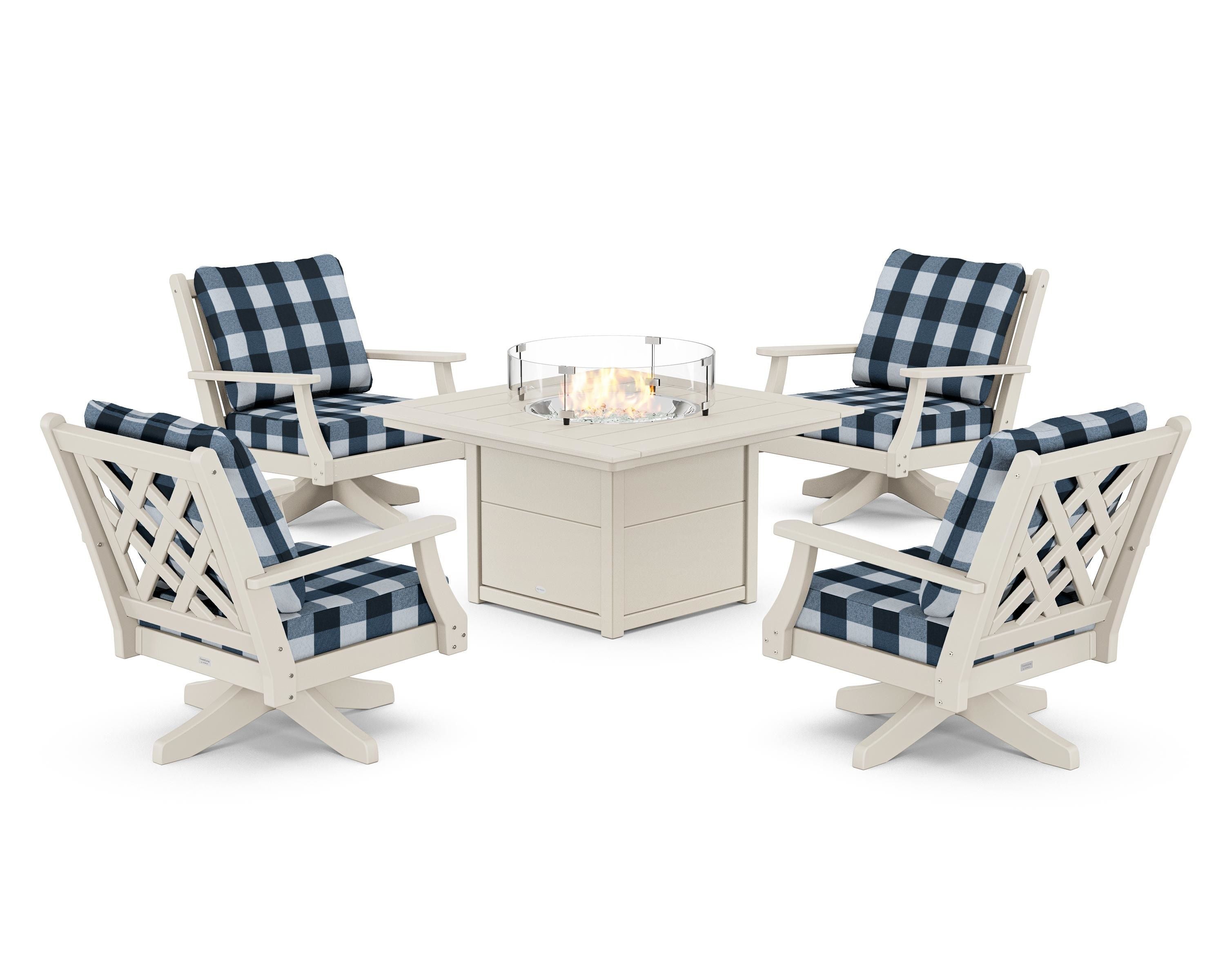 Country Living Wovendale 5-Piece Deep Seating Swivel Conversation Set with Fire Pit Table in Sand / Buffalo Plaid Marine Indigo