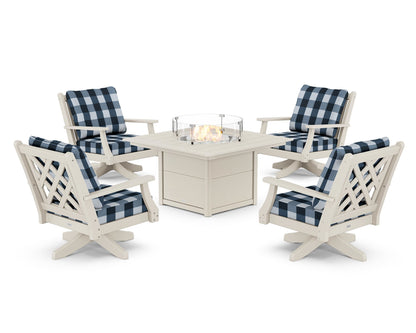 Country Living Wovendale 5-Piece Deep Seating Swivel Conversation Set with Fire Pit Table in Sand / Buffalo Plaid Marine Indigo