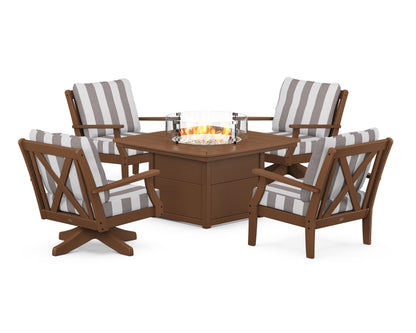 POLYWOOD® Braxton 5-Piece Deep Seating Set with Fire Table in Teak / Cabana Stripe Grey Mist