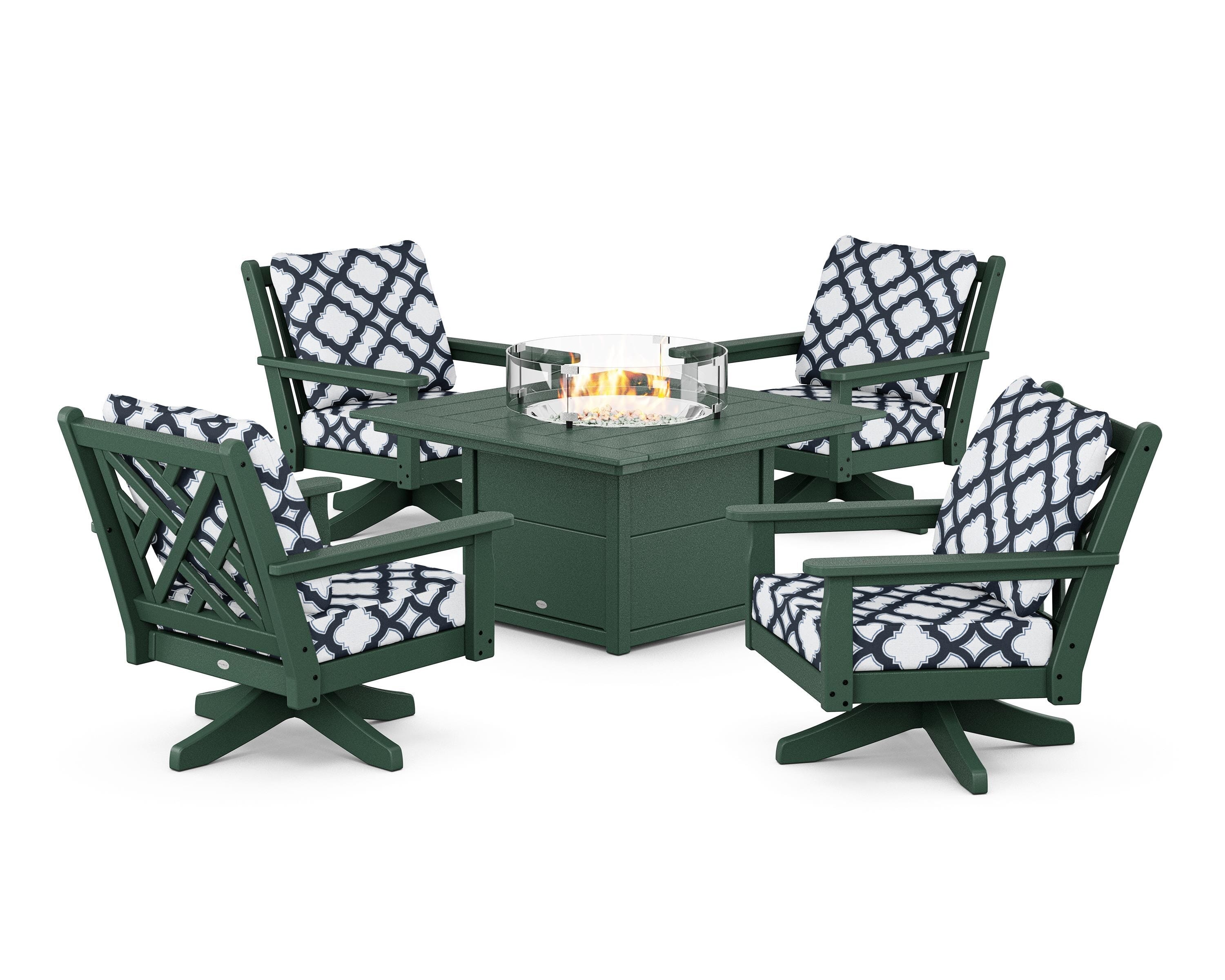 POLYWOOD® Chippendale 5-Piece Deep Seating Swivel Conversation Set with Fire Pit Table in Green / Trellis Marine Indigo