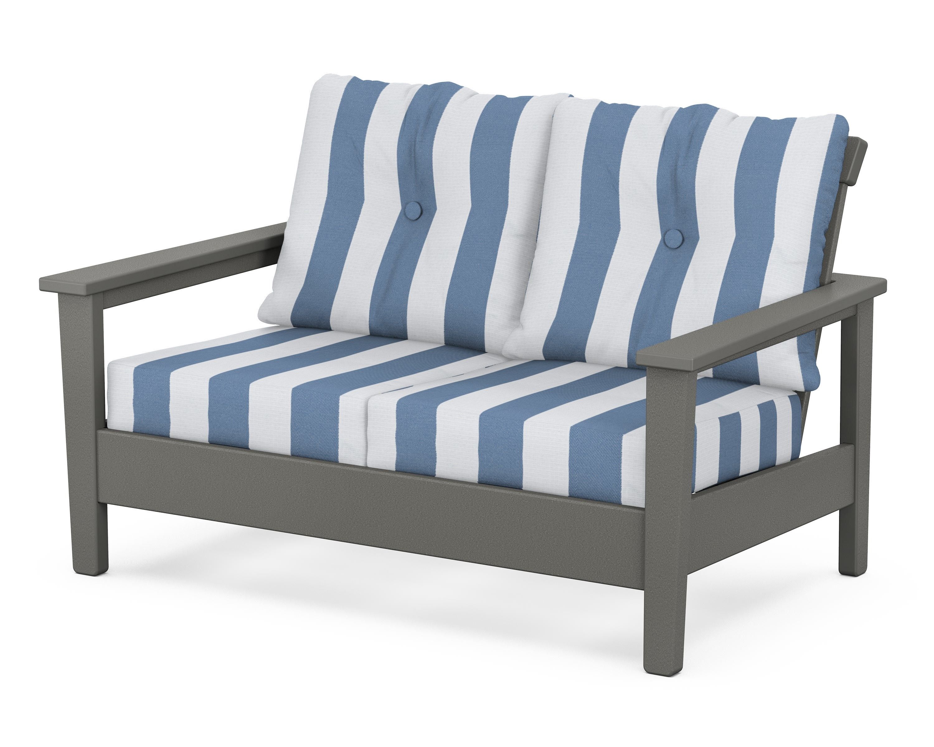 POLYWOOD® Prescott Deep Seating Loveseat in Slate Grey / Cabana Stripe Sky Blue