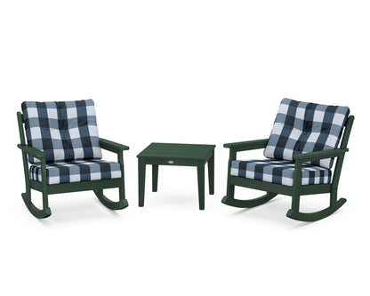 POLYWOOD® Vineyard 3-Piece Deep Seating Rocker Set in Green / Buffalo Plaid Marine Indigo