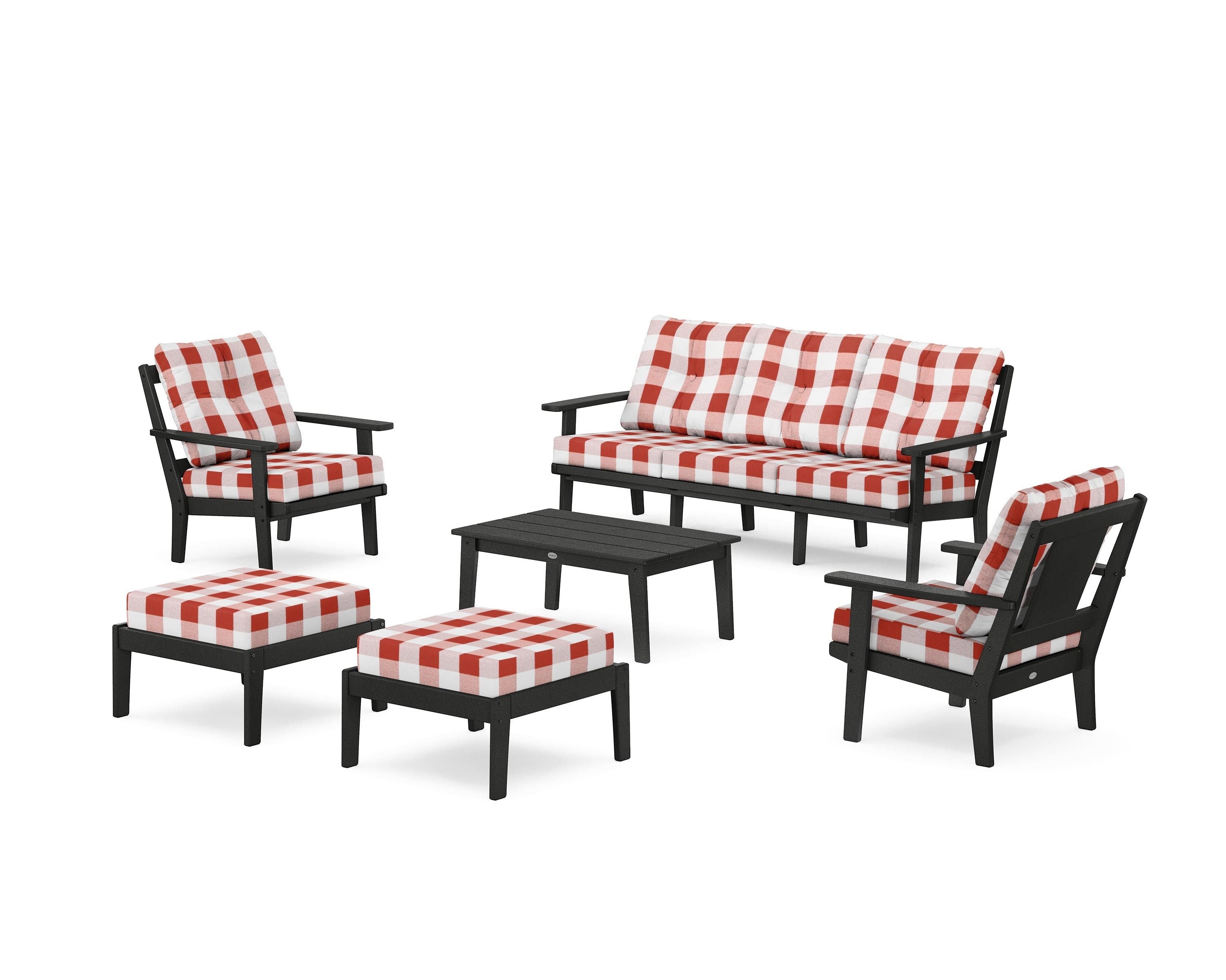 POLYWOOD® Prairie 6-Piece Lounge Sofa Set in Black / Buffalo Plaid Crimson