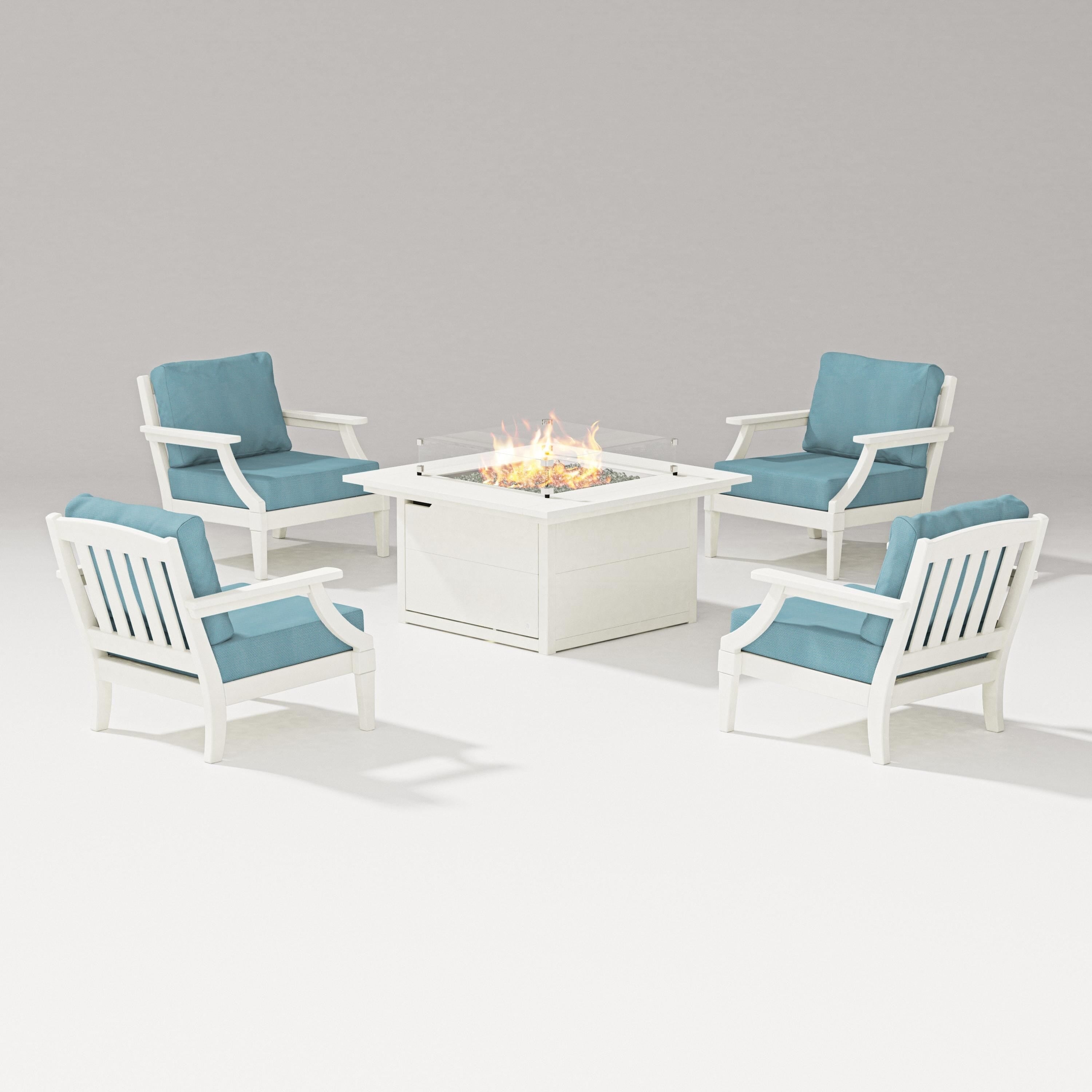 PW Designer Series Estate 5-Piece Lounge Fire Table Set in Vintage White / Lattice Sky Blue
