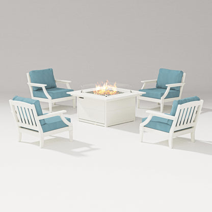 PW Designer Series Estate 5-Piece Lounge Fire Table Set in Vintage White / Lattice Sky Blue