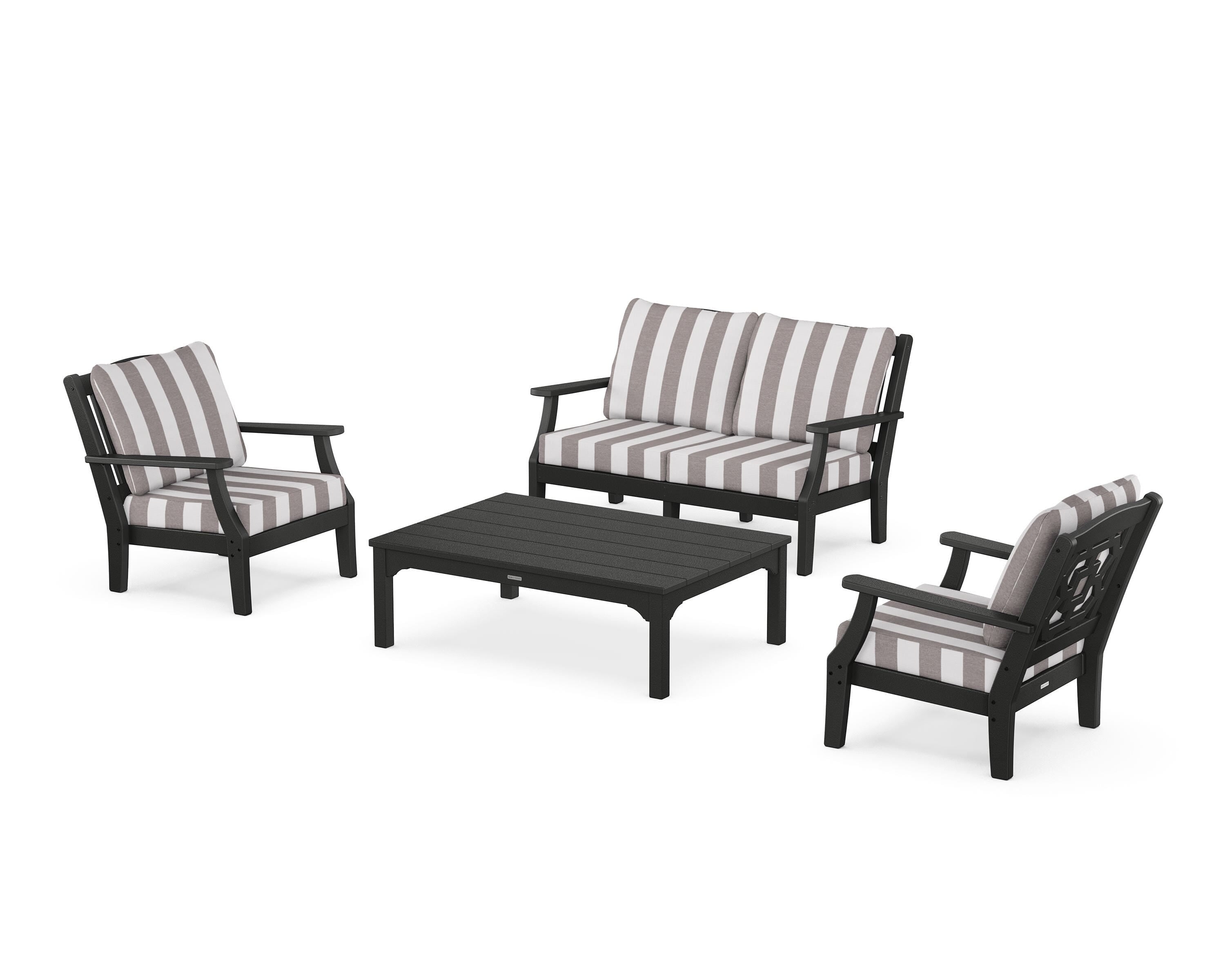 Martha Stewart by POLYWOOD® Chinoiserie 4-Piece Deep Seating Set with Loveseat in Black / Cabana Stripe Grey Mist