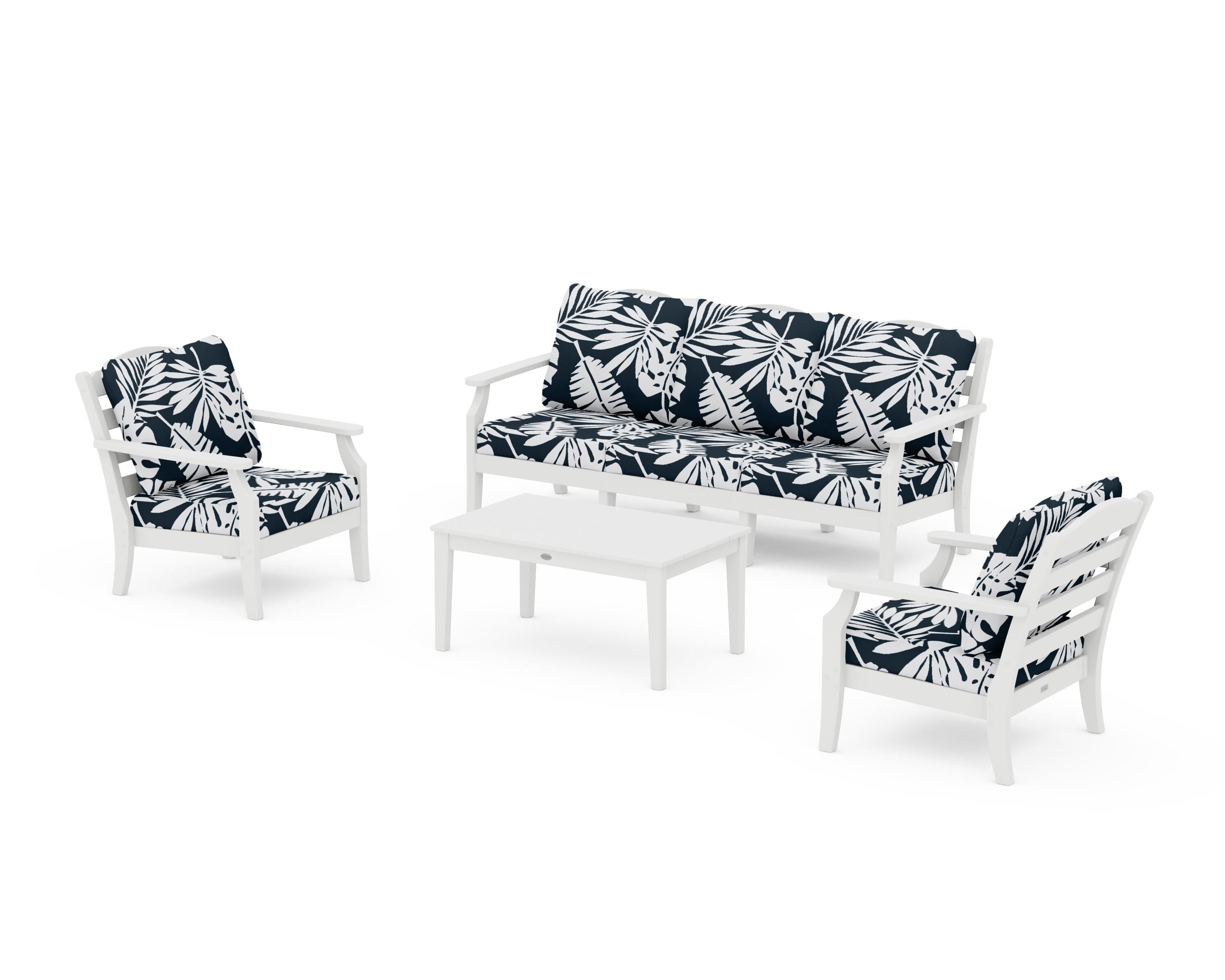 Draper James™ by  POLYWOOD® Savannah 4-Piece Deep Seating Set with Sofa in White / Leaf Marine Indigo