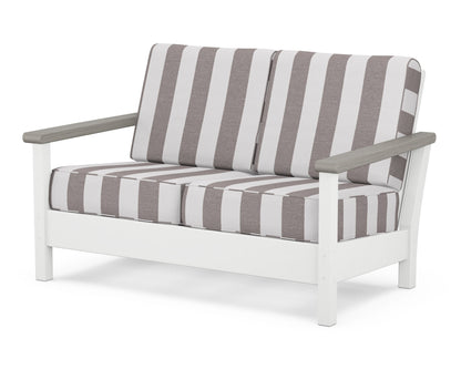 POLYWOOD® Harbour Deep Seating Loveseat in White / Driftwood / Cabana Stripe Grey Mist