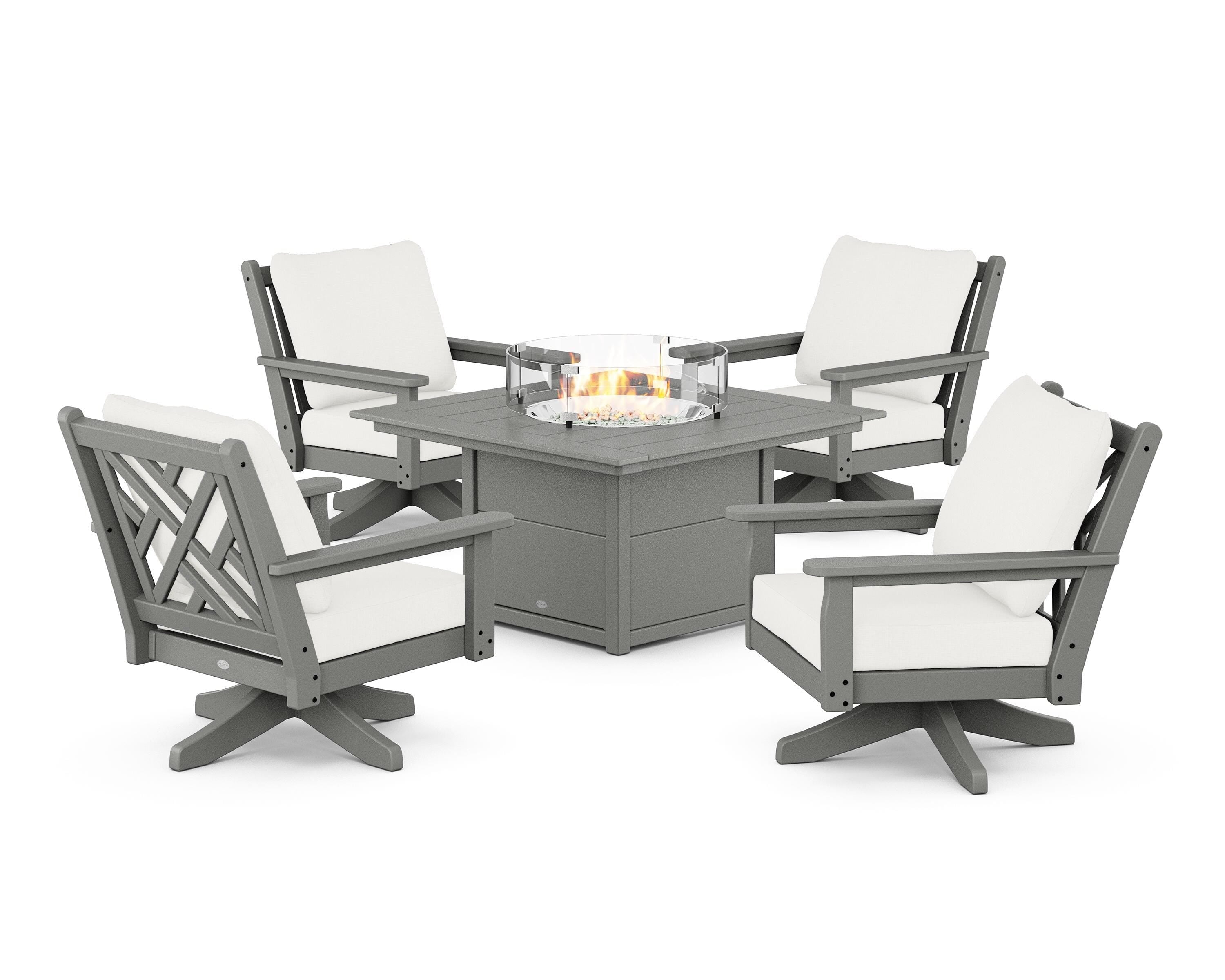 POLYWOOD® Chippendale 5-Piece Deep Seating Swivel Conversation Set with Fire Pit Table in Slate Grey / Natural Linen