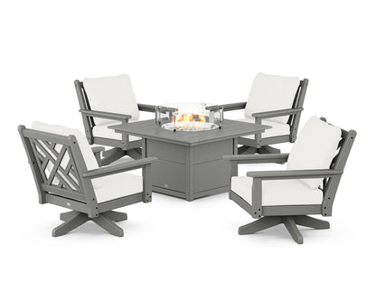 POLYWOOD® Chippendale 5-Piece Deep Seating Swivel Conversation Set with Fire Pit Table in Slate Grey / Natural Linen