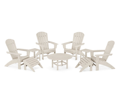 POLYWOOD® Nautical Curveback Adirondack Chair 9-Piece Conversation Set in Sand