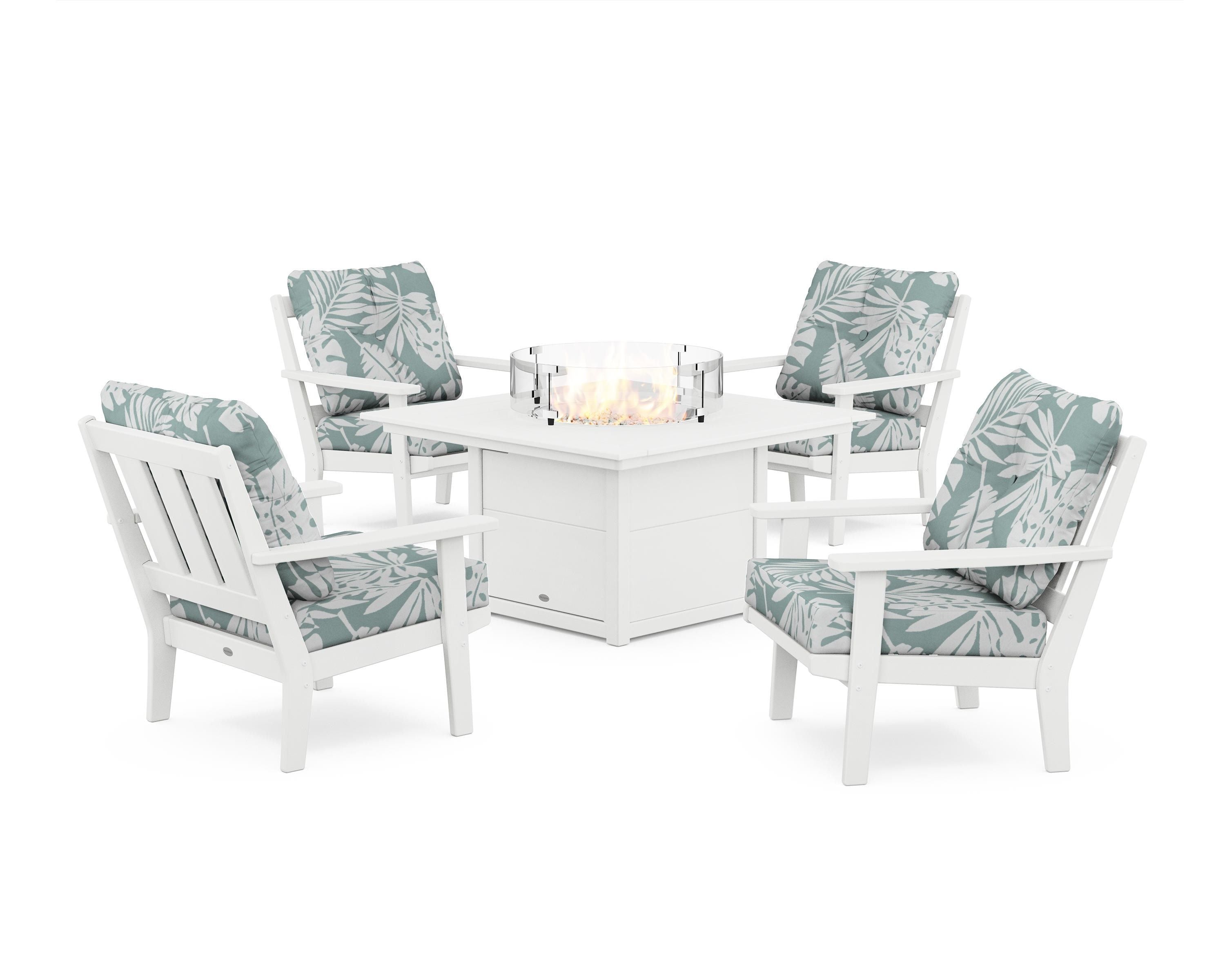 POLYWOOD® Oxford 5-Piece Deep Seating Set with Fire Pit Table in White / Leaf Glacier Spa