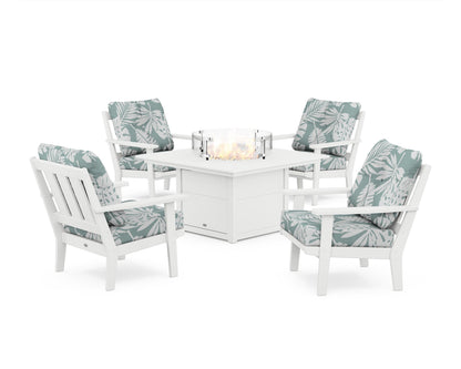 POLYWOOD® Oxford 5-Piece Deep Seating Set with Fire Pit Table in White / Leaf Glacier Spa