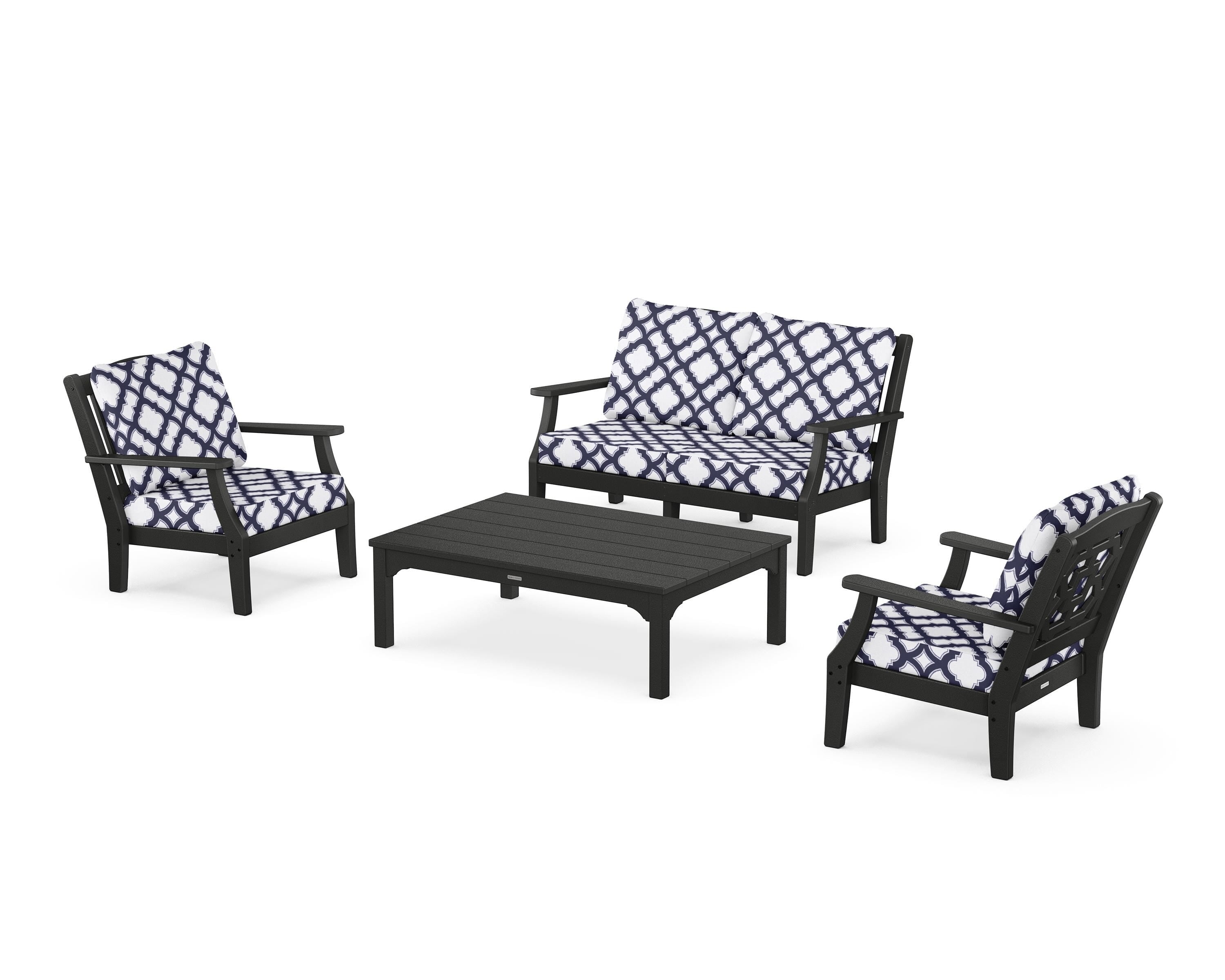 Martha Stewart by POLYWOOD® Chinoiserie 4-Piece Deep Seating Set with Loveseat in Black / Trellis Navy