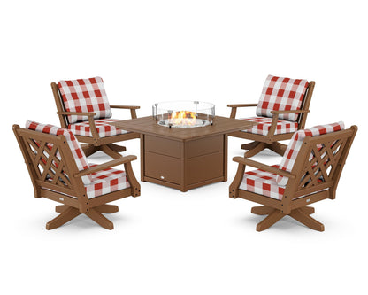 Country Living Wovendale 5-Piece Deep Seating Swivel Conversation Set with Fire Pit Table in Teak / Buffalo Plaid Crimson