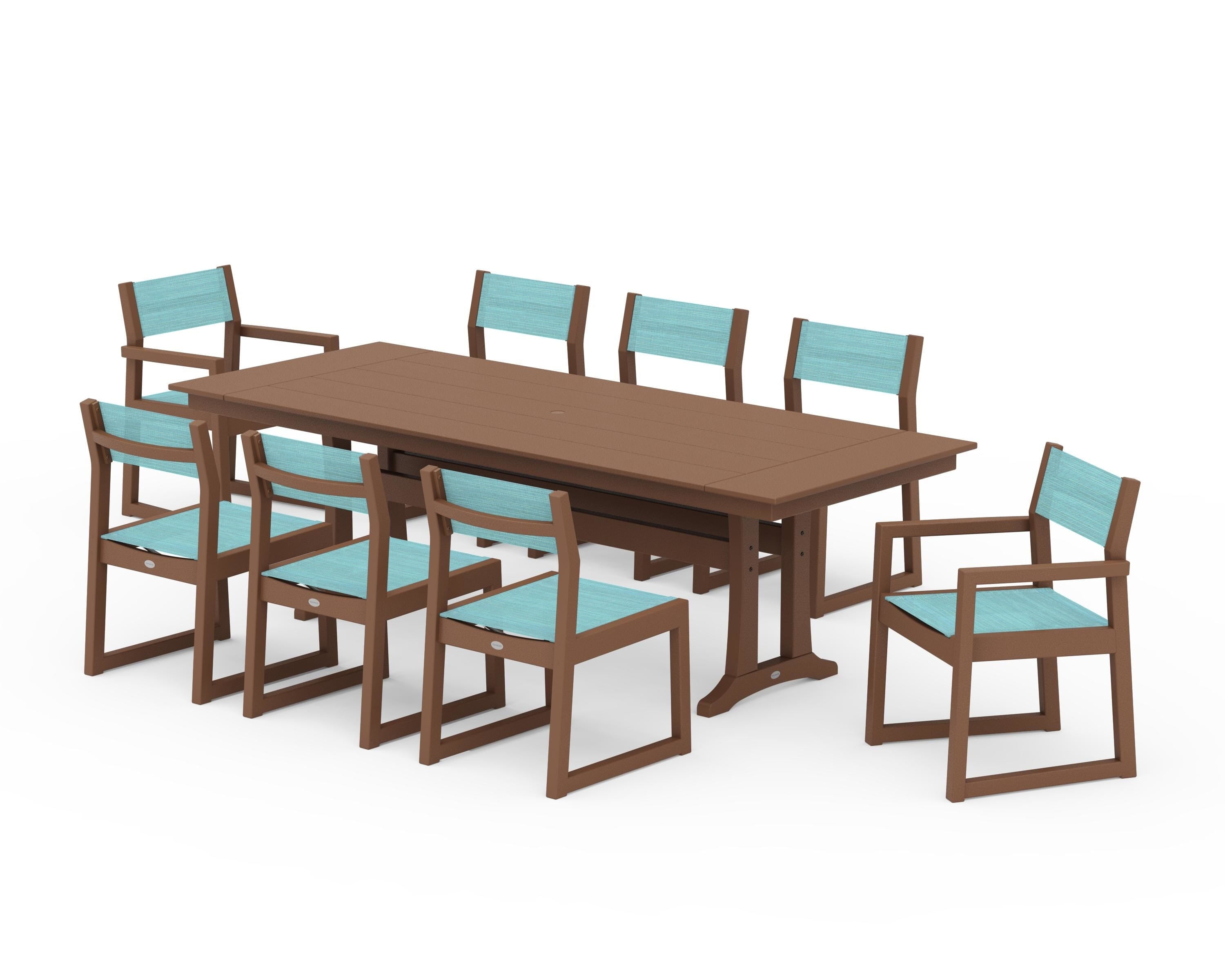 POLYWOOD® EDGE Sling 9-Piece Farmhouse Trestle Dining Set in Teak / Dupioni Aquamarine Sling