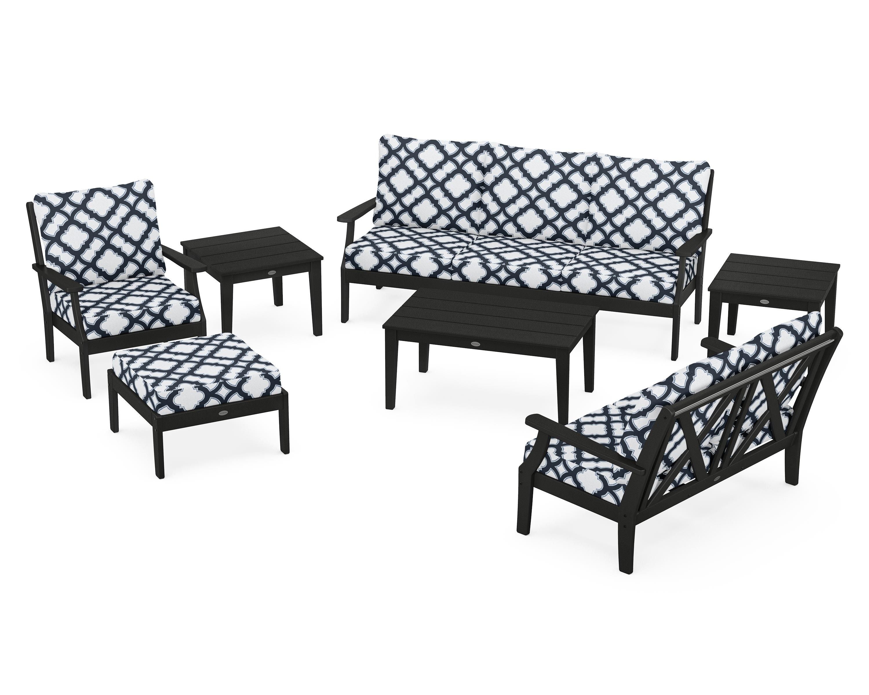 POLYWOOD® Braxton 7-Piece Deep Seating Set in Black / Trellis Marine Indigo