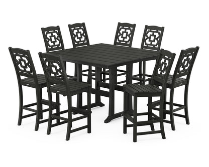 Martha Stewart by POLYWOOD® Chinoiserie 9-Piece Square Farmhouse Side Chair Bar Set with Trestle Legs in Black