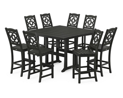 Chinoiserie 9-Piece Square Farmhouse Side Chair Bar Set with Trestle Legs