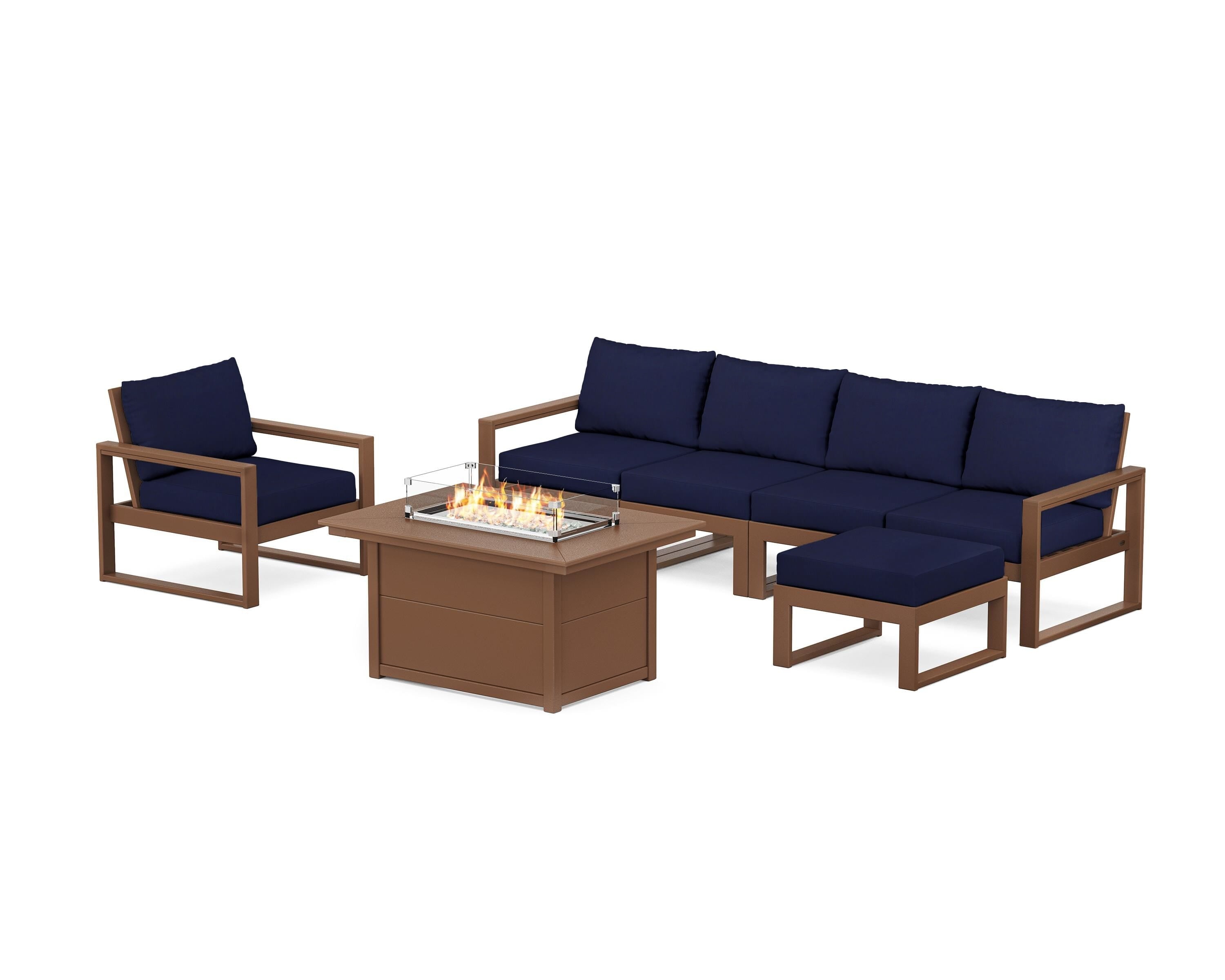 POLYWOOD® EDGE Sectional Lounge and Fire Pit Set in Teak / Navy