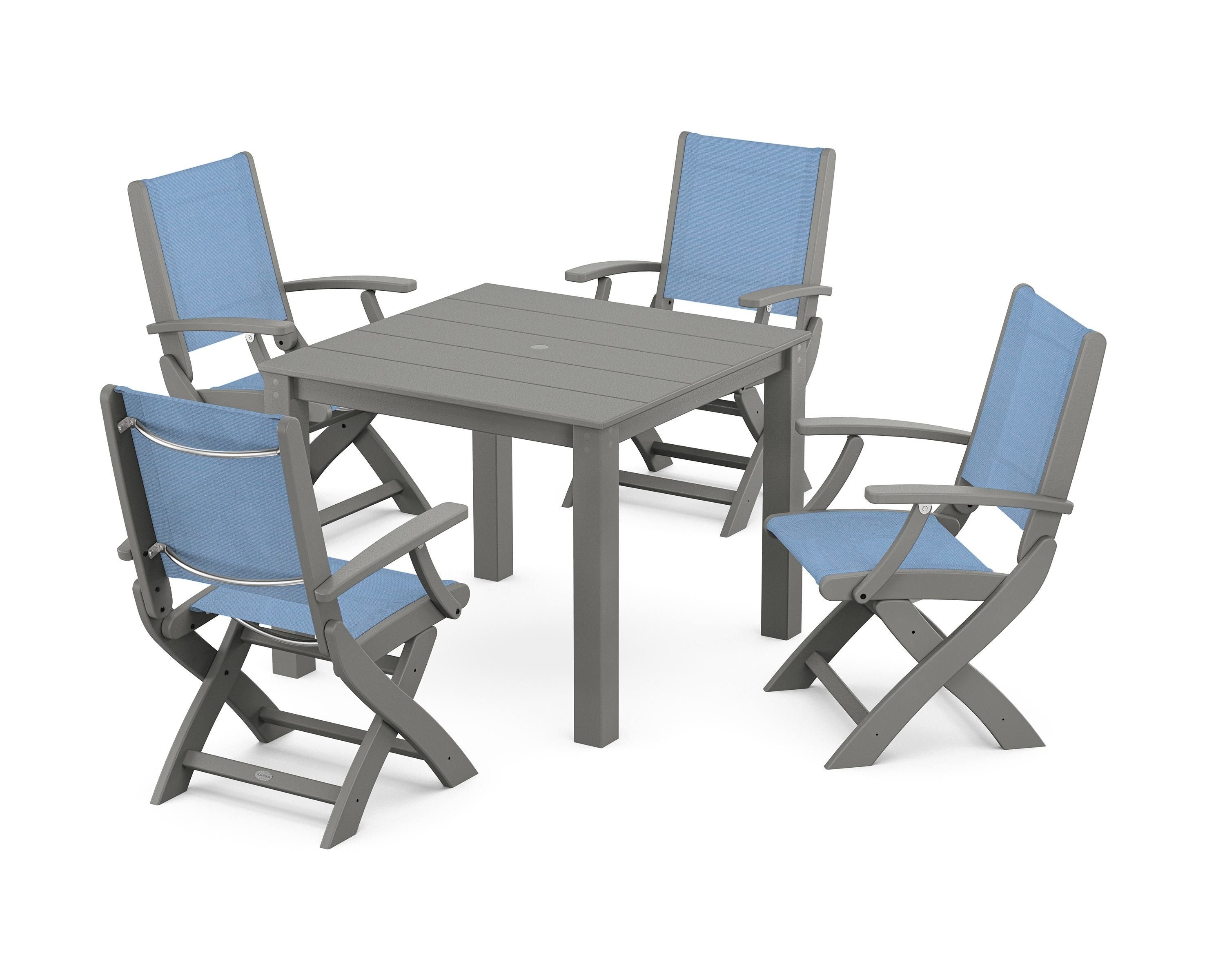 POLYWOOD® Coastal Folding Chair 5-Piece Parsons Dining Set in Slate Grey / Poolside Sling