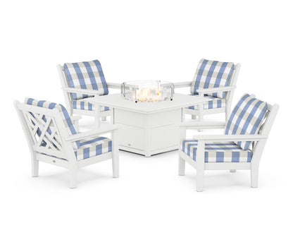 POLYWOOD® Chippendale 5-Piece Deep Seating Set with Fire Pit Table in White / Buffalo Plaid Sky Blue