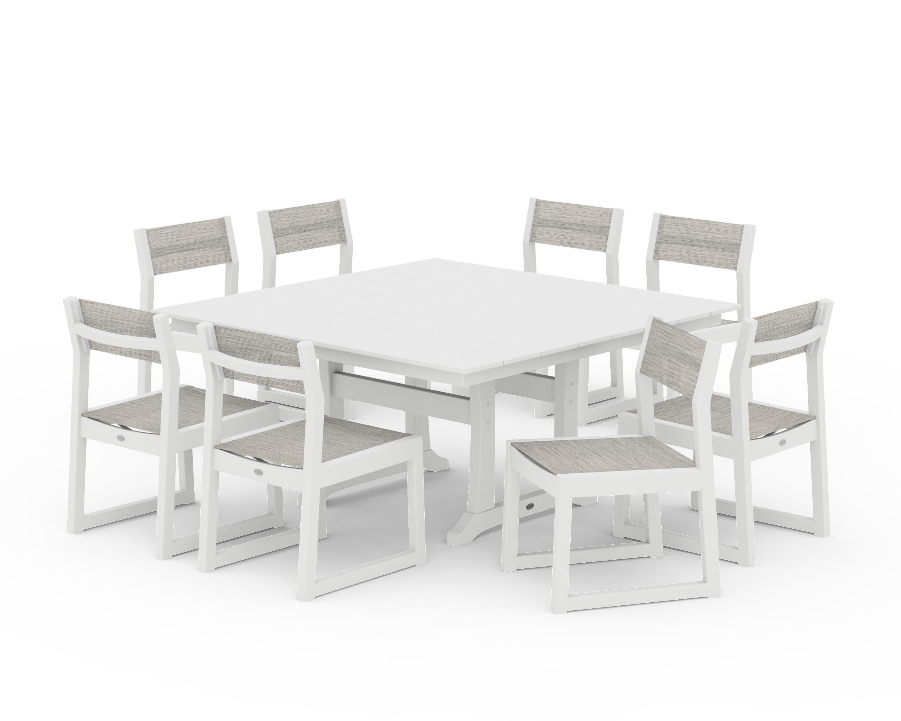 POLYWOOD® EDGE Sling Side Chair 9-Piece Farmhouse Trestle Dining Set in White / Birch Sling