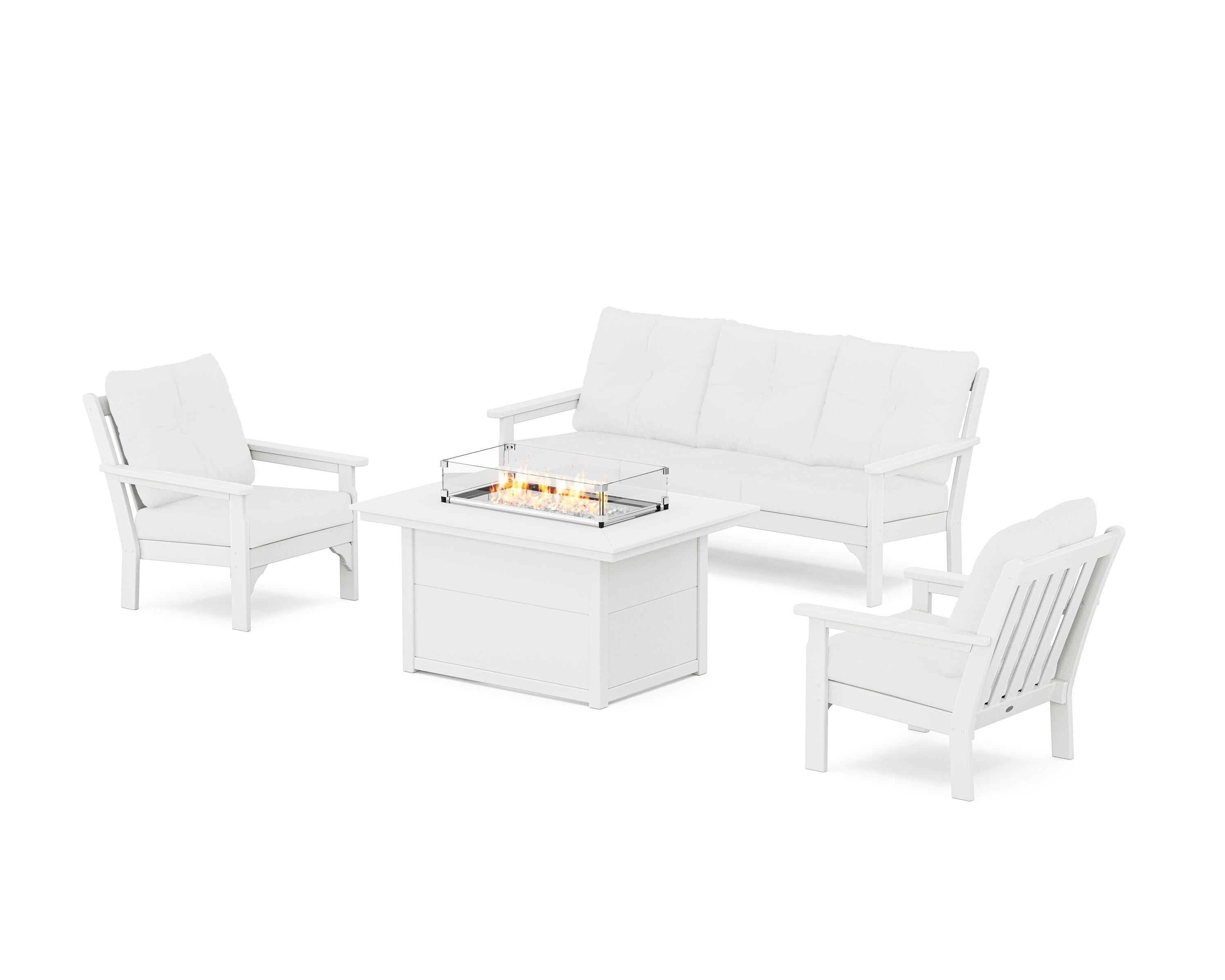 POLYWOOD® Vineyard Deep Seating Fire Pit Table Set in White / Natural