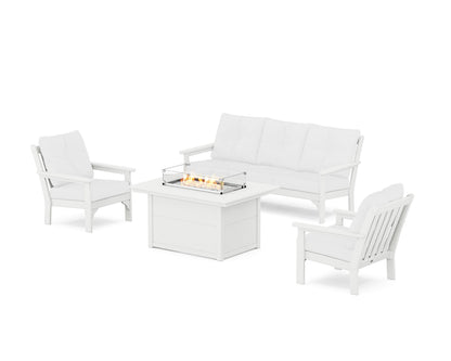 POLYWOOD® Vineyard Deep Seating Fire Pit Table Set in White / Natural