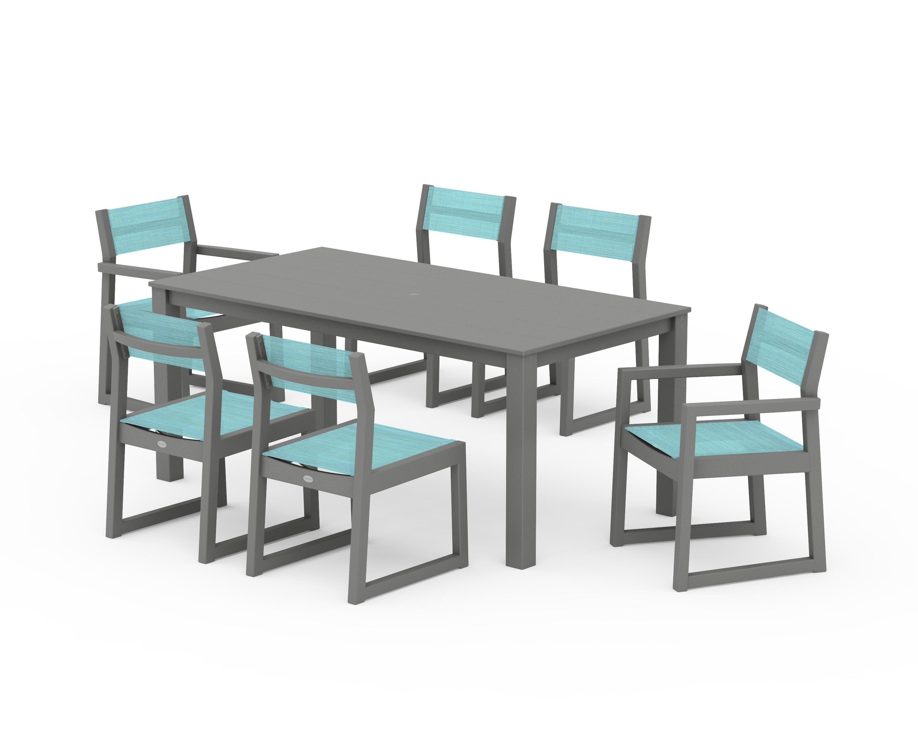 POLYWOOD® EDGE Sling 7-Piece Parsons Dining Set in Slate Grey / Dupioni Aquamarine Sling