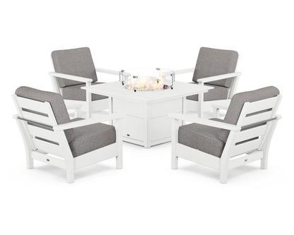 POLYWOOD® Harbour 5-Piece Conversation Set with Fire Pit Table in White / Grey Mist