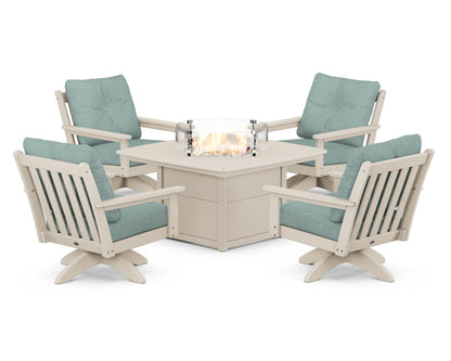 POLYWOOD® Vineyard 5-Piece Deep Seating Swivel Conversation Set with Fire Pit Table in Sand / Glacier Spa