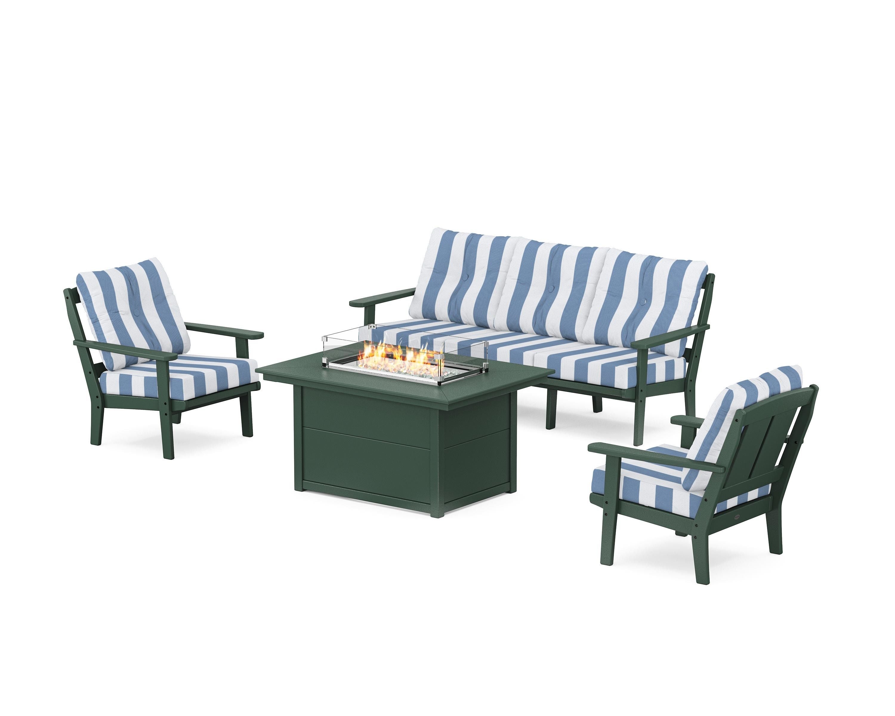 POLYWOOD® Mission Deep Seating Fire Pit Table Set in Green / Cabana Stripe Sky Blue