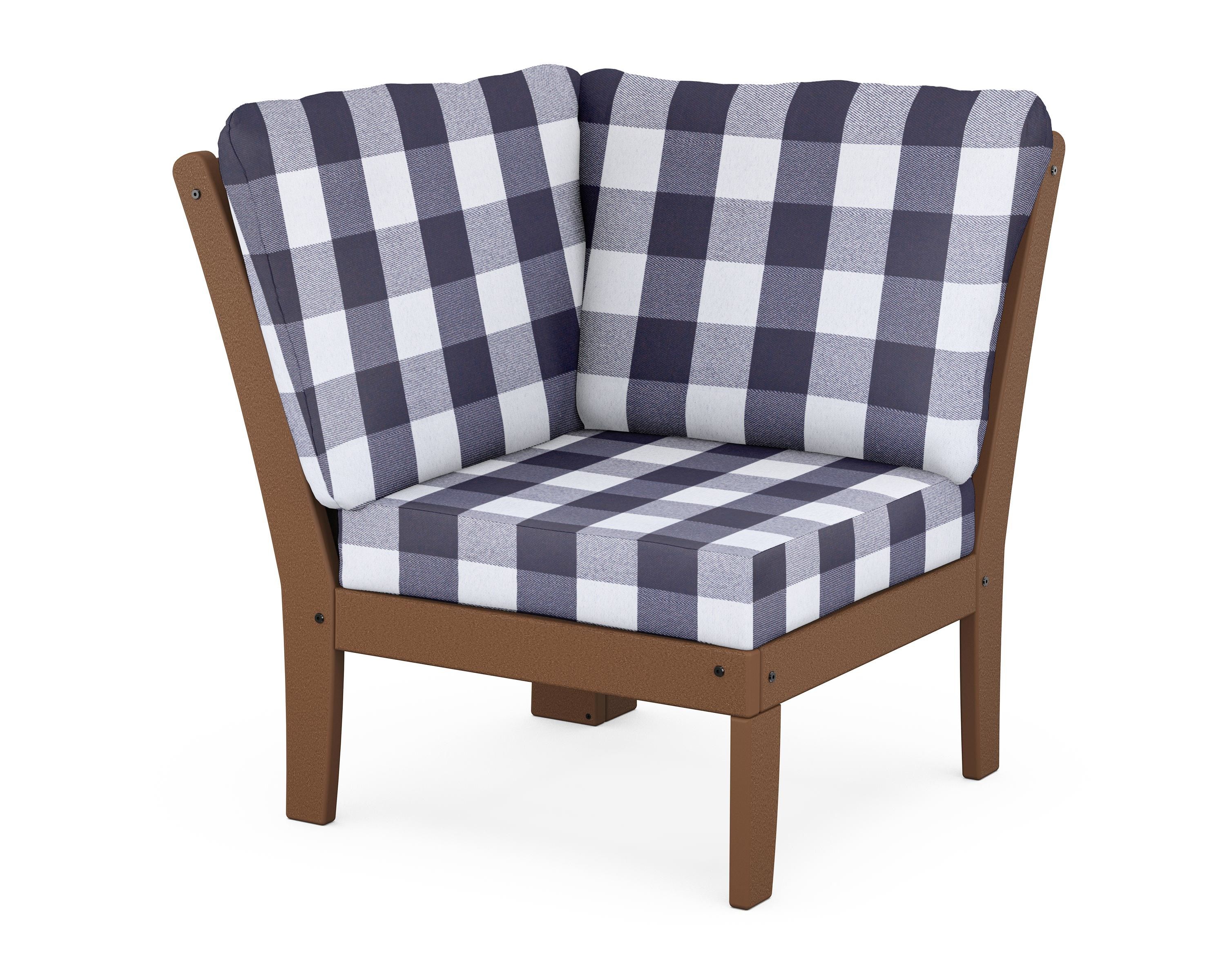 POLYWOOD® Braxton Modular Corner Chair in Teak / Buffalo Plaid Navy