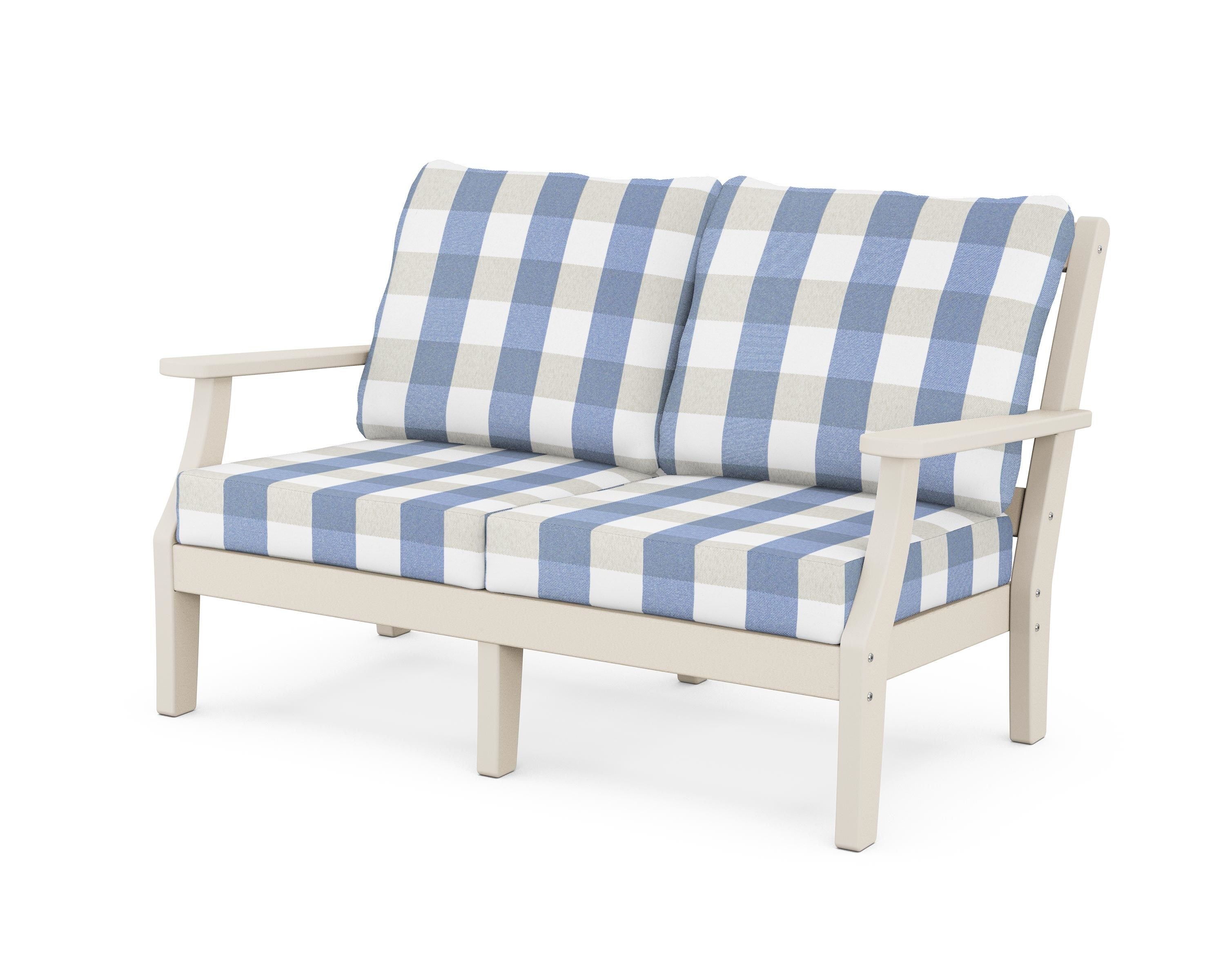 Martha Stewart by POLYWOOD® Chinoiserie Deep Seating Loveseat in Sand / Buffalo Plaid Sky Blue