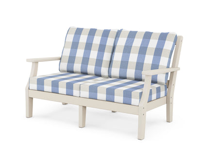 Martha Stewart by POLYWOOD® Chinoiserie Deep Seating Loveseat in Sand / Buffalo Plaid Sky Blue