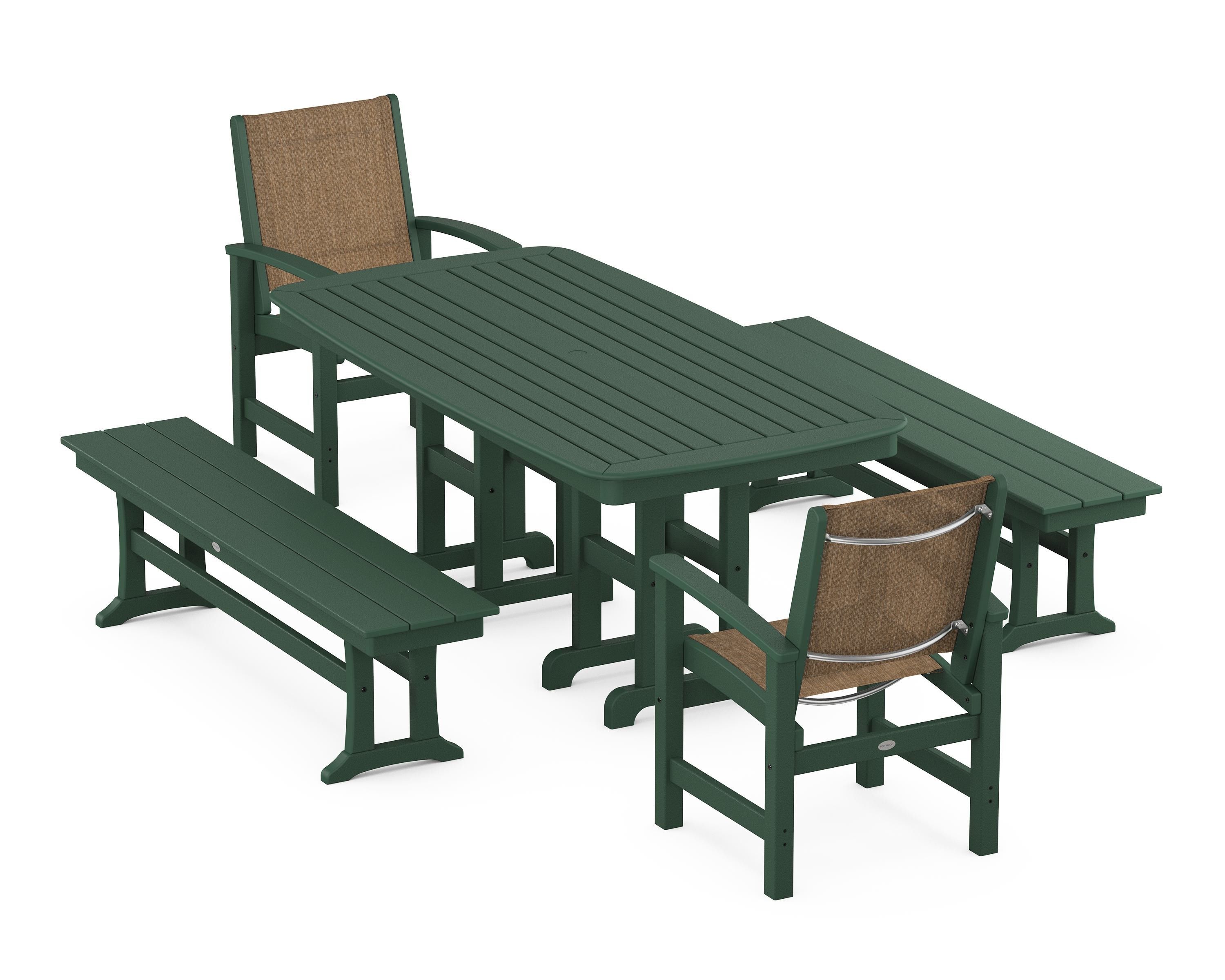 POLYWOOD® Coastal 5-Piece Dining Set in Green / Burlap Sling