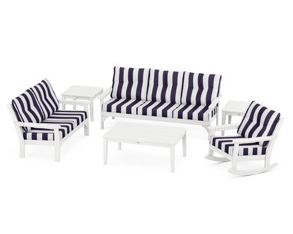 POLYWOOD® Vineyard 6-Piece Deep Seating Set in White / Cabana Stripe Navy