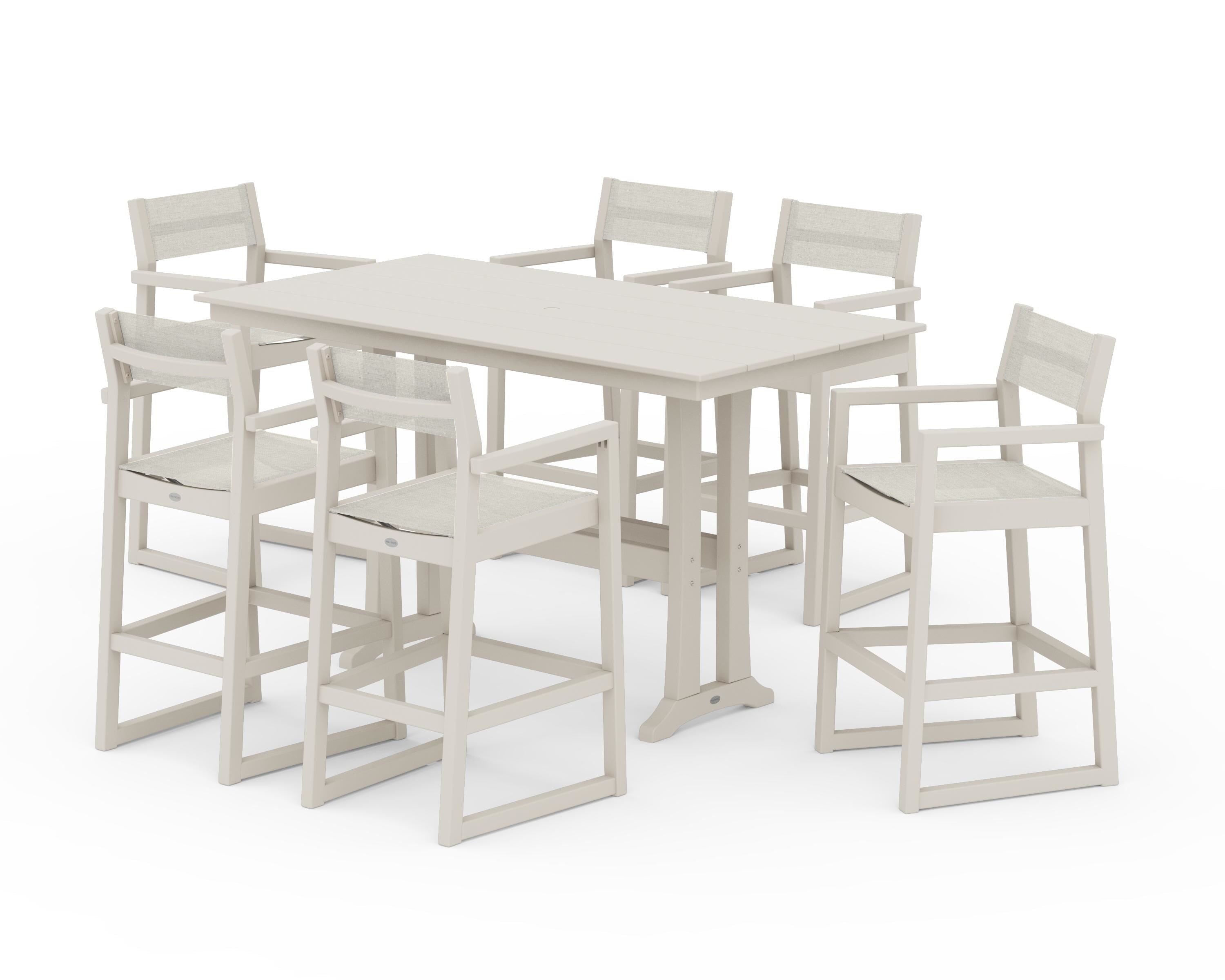 POLYWOOD® EDGE Sling Arm Chair 7-Piece Farmhouse Bar Set with Trestle Legs in Sand / Parchment Sling