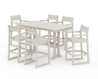 POLYWOOD® EDGE Sling Arm Chair 7-Piece Farmhouse Bar Set with Trestle Legs in Sand / Parchment Sling