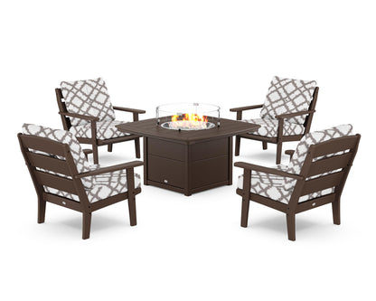 POLYWOOD® Lakeside 5-Piece Deep Seating Set with Nautical Fire Pit Table in Mahogany / Trellis Grey Mist