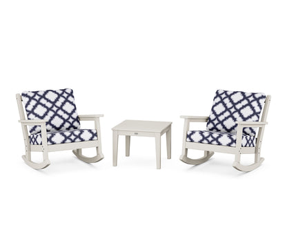 POLYWOOD® Chippendale 3-Piece Deep Seating Rocker Set in Sand / Trellis Navy