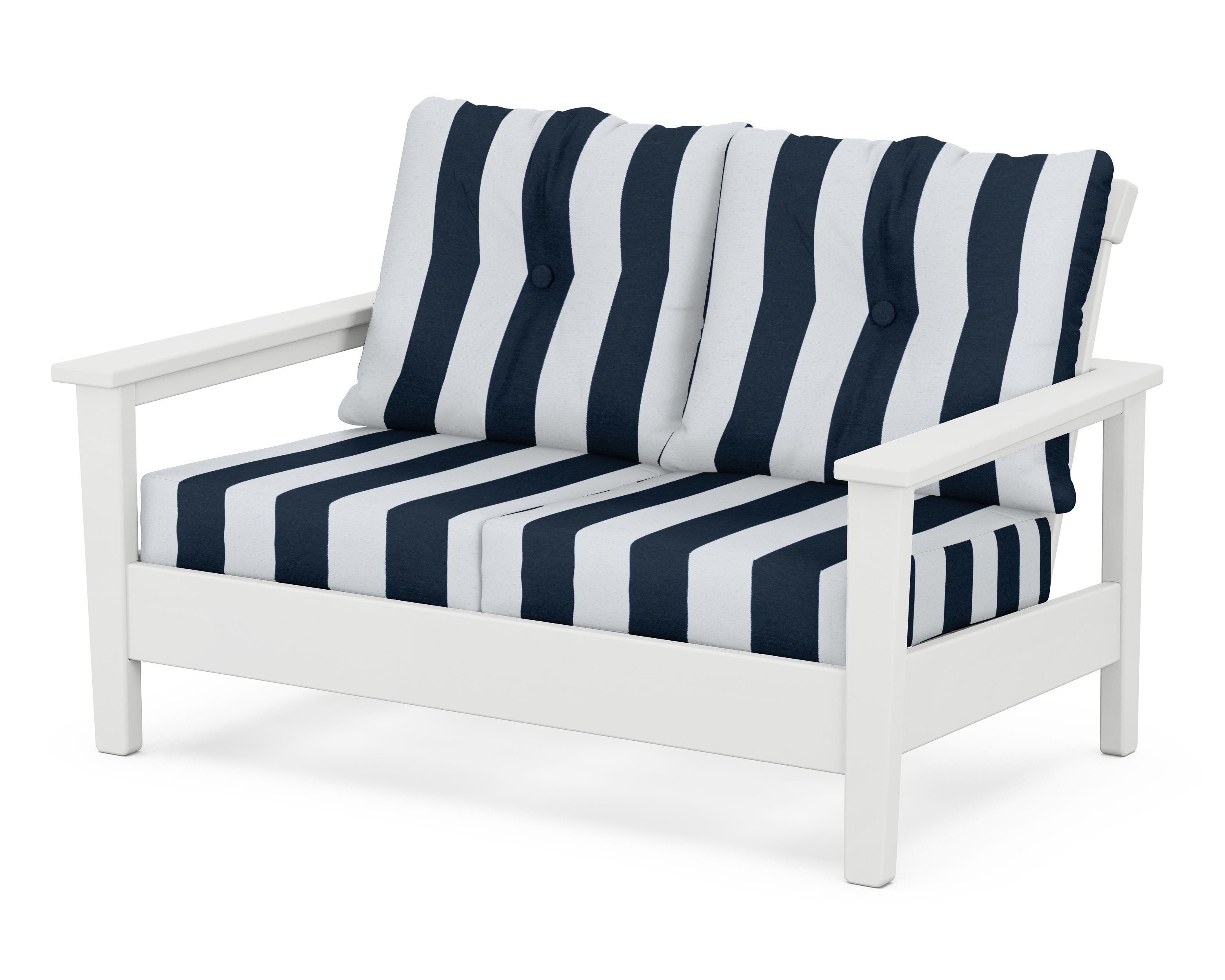 POLYWOOD® Prescott Deep Seating Loveseat in White / Cabana Stripe Marine Indigo